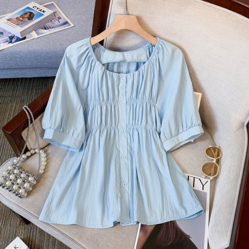 66039 Real shot large size short-sleeved shirt summer round neck right shoulder puff sleeve fat mm belly covering top