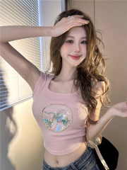 已出貨中式重工刺繡手露背緊身打底背心女復古外穿T恤設計感上衣