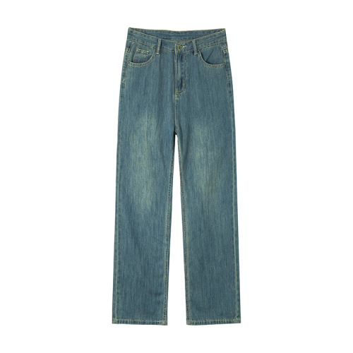 Real shot Summer Mambo Green Washed Retro Blue Lazy Casual High Waist Slim Denim Wide Leg Pants