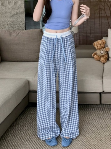 Real shot of plaid wide-leg pants for women, loose and loose high-waisted pants 2024 new casual pants and floor-length pants