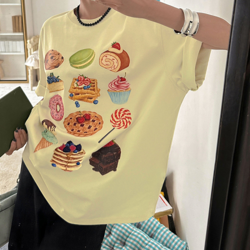 4952# Official Photo Korea Dongdaemun New Cake Printed Cotton Large Size Short Sleeve T-Shirt for Women Summer