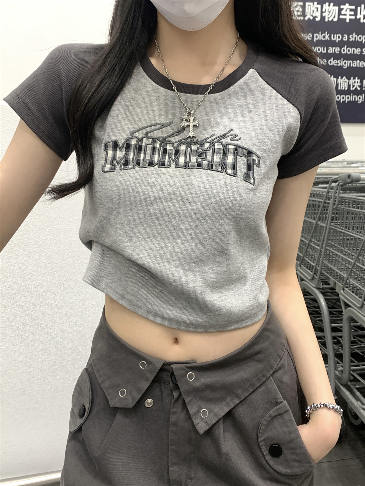 Actual shot of summer Korean style raglan functional wind contrasting color stitching letter embroidery pure cotton short-sleeved T-shirt top