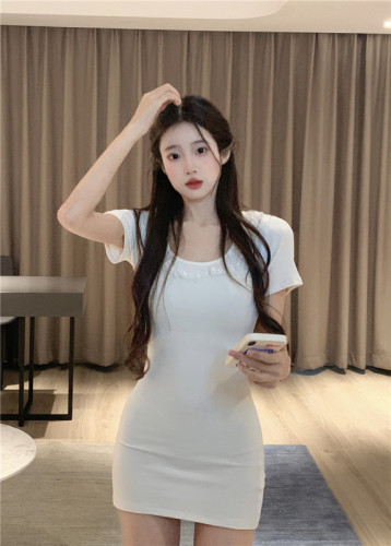 Real shot ~ hot girl style lace short-sleeved dress summer waist U-neck slimming slim hip skirt