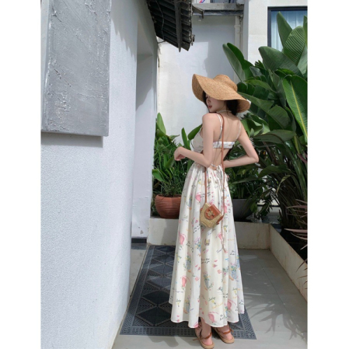 Beach resort style v-neck floral suspender dress for women summer French backless long skirt with waistband and beach skirt