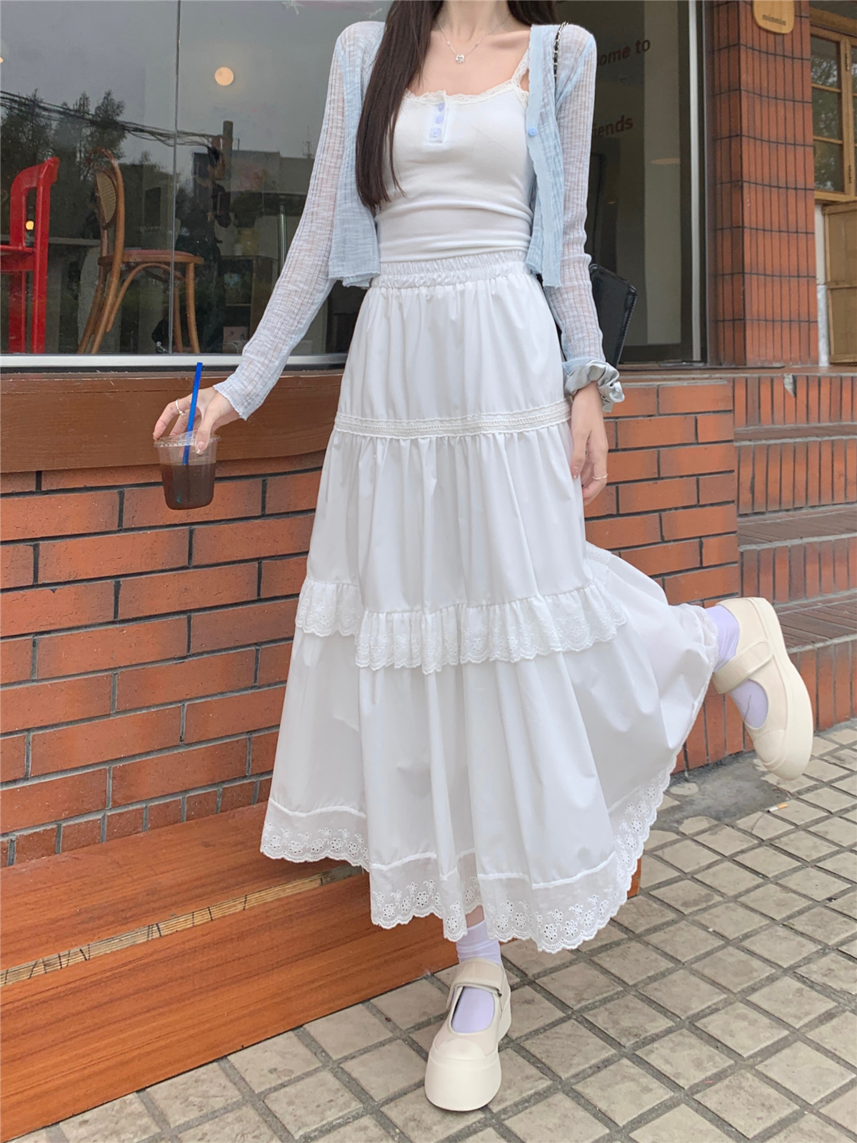 Real shot of white skirt women's long cake skirt 2024 summer high-waisted slimming versatile temperament A-line long skirt