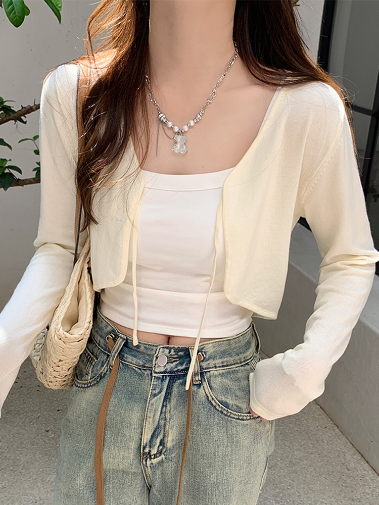 White ice silk knitted sun protection outer cardigan jacket thin women's summer waistcoat short shoulder shawl suspender skirt
