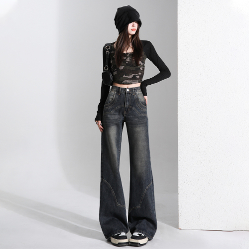 Actual shot of high-waist micro-flared jeans for women, new 2024 spring and summer American straight slimming and drapey floor-length pants