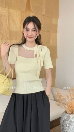 Tmall quality French bow tie short-sleeved T-shirt for women 2024 spring and summer new mesh stitching chic