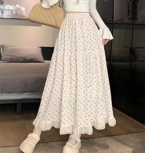 White skirt new style floral high waist spring and summer mid-length design niche long skirt irregular fairy skirt