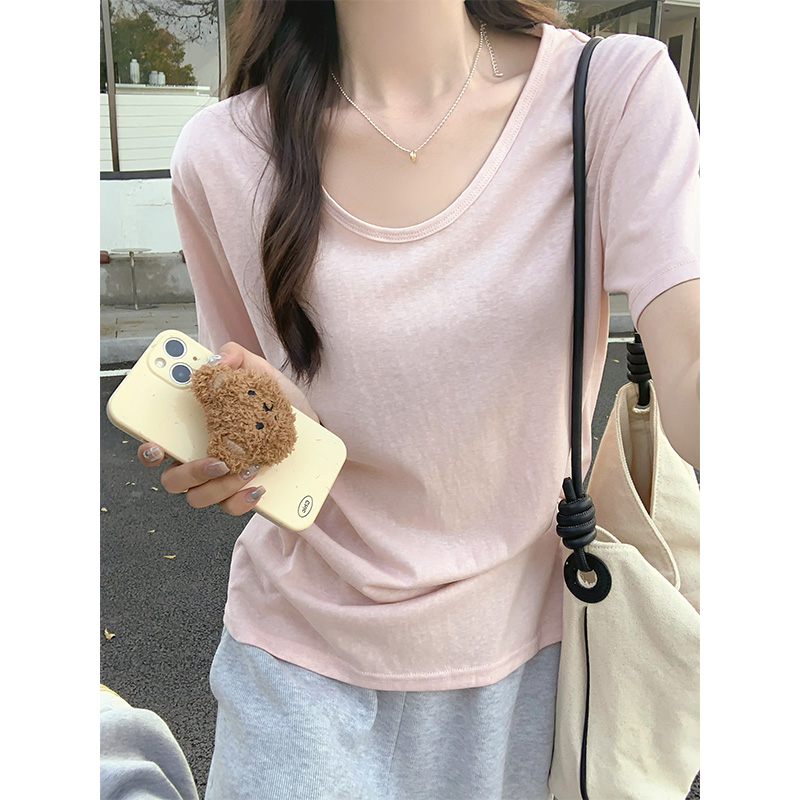 Real shot of snowflake cotton short-sleeved T-shirt top for women, loose slimming and lazy bottoming shirt, U-neck half-sleeved clavicle