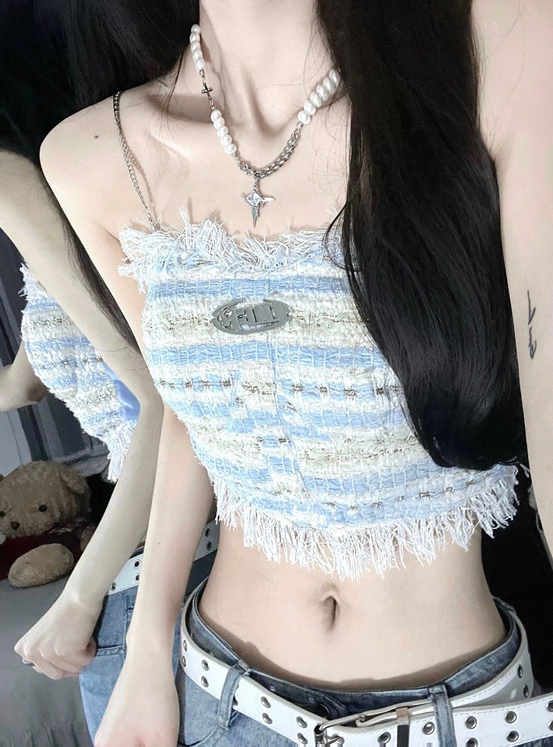 原版質量 辣妹拼接毛邊吊帶女