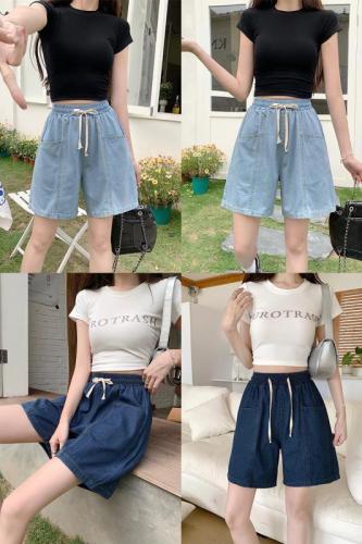 Real shot of sweet and cool style summer drawstring high-waisted denim shorts for women, loose and slim design, straight-leg mid-pants trendy