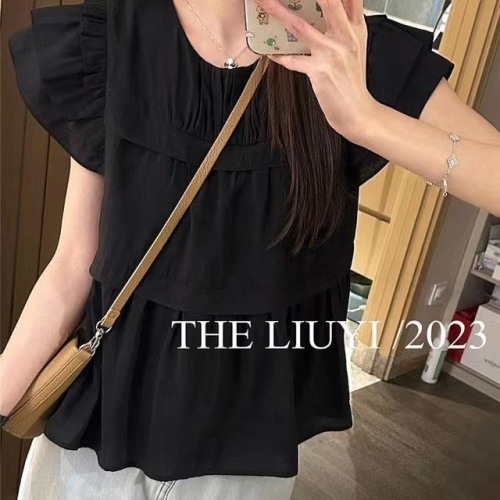 2024 new summer style sweet age-reducing short-sleeved shirt for women with fungus ruffled sleeves doll shirt French loose