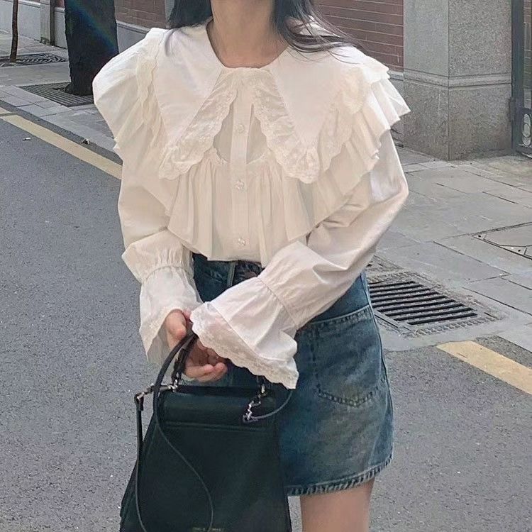 Early Spring Lace Trimmed Double Layered Collar Shirt 