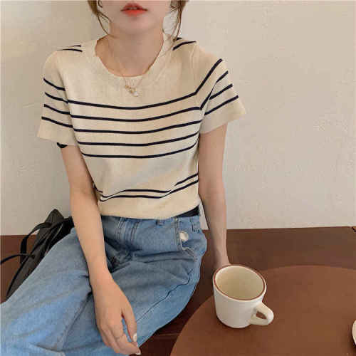 Retro style student versatile short-sleeved round neck contrast striped short ice silk thin knitted T-shirt top for women