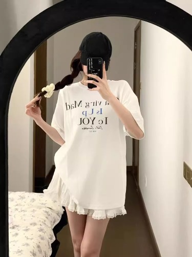 Pure cotton letter print round neck T-shirt + cake skirt set