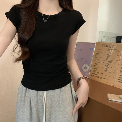 Real shot of imitation cotton 40 count 1*1 summer new style Feifei sleeve slim slim pleated round neck T-shirt for women