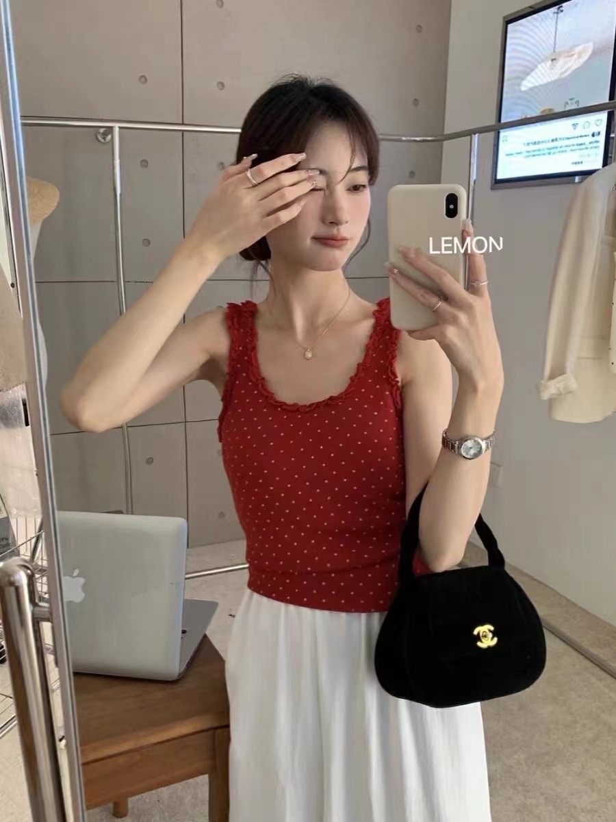 DEAR XI 2024春季韓版新款時尚ins潮甜美小清新蕾絲邊波點背心女
