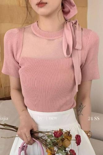 Tmall quality French bow tie short-sleeved T-shirt for women 2024 spring and summer new mesh stitching chic
