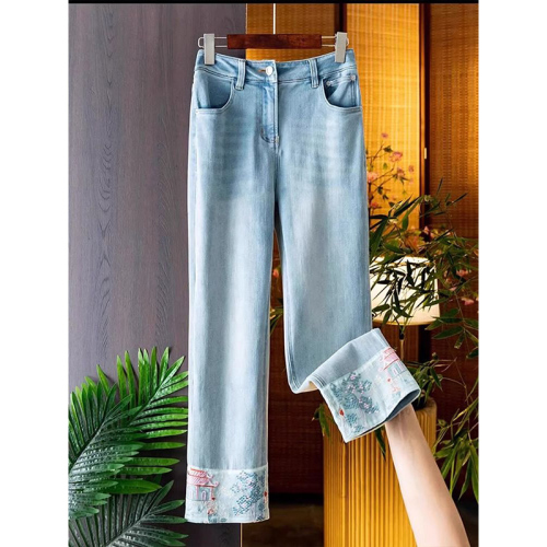 今年流行新中式国风蓝色牛仔裤高腰窄版直筒烟管裤子女2024春