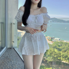 White one-shoulder resort swimwear with drawstring pleats, semi-sleeved A-line design, body-hugging style, pure desire and sexy for women.