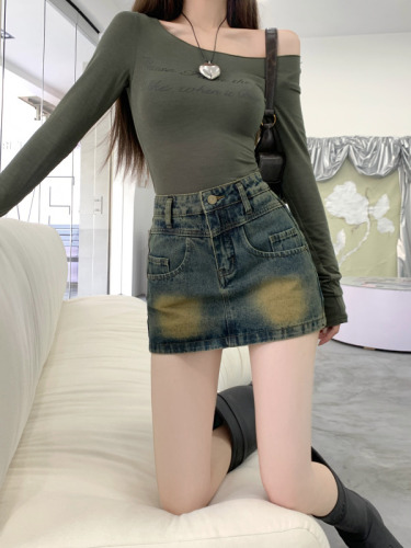 Real shot of new retro Hong Kong style hip-hugging high-waist denim skirt jeans skirt