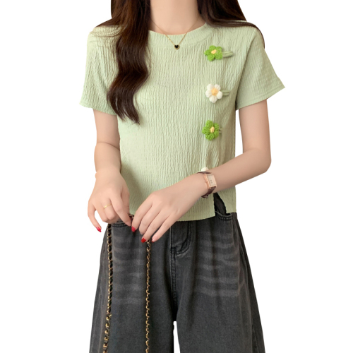 Real shot of bamboo wrinkled jacquard summer new style right shoulder small slit design round neck short-sleeved T-shirt for women