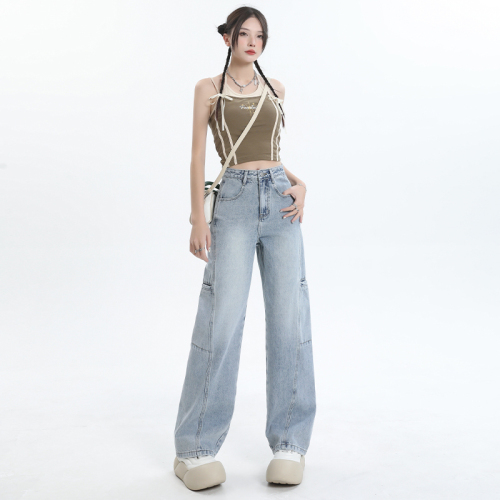 Real shot of jeans for women 2024 spring and summer new style light blue large pockets high waist loose wide leg trousers