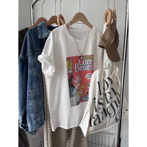 4960# Official Picture Dongdaemun New Cartoon Print Loose Large Size Pure Cotton Short Sleeve T-Shirt for Women Summer