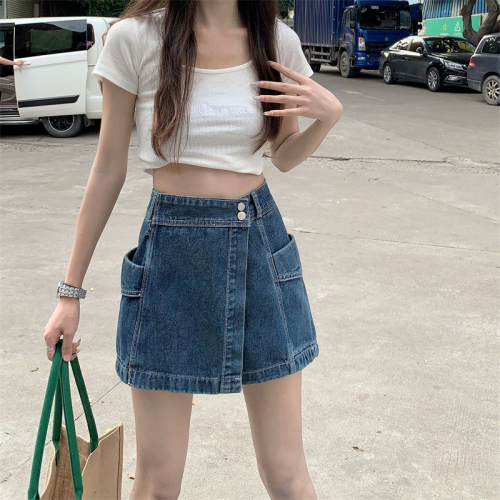 Retro American hot girl denim shorts for women 2024 summer new high-waisted loose slimming crotch-covering design culottes