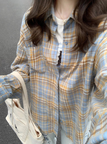 格子衬衫上衣女设计感高级2024夏季新款韩系复古防晒衬衣外套上衣