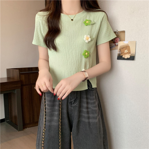 Real shot of bamboo wrinkled jacquard summer new style right shoulder small slit design round neck short-sleeved T-shirt for women