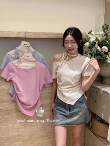 Tmall quality summer pure desire sweet and cool hot girl t-shirt 2024 new style chic design niche high waist short style