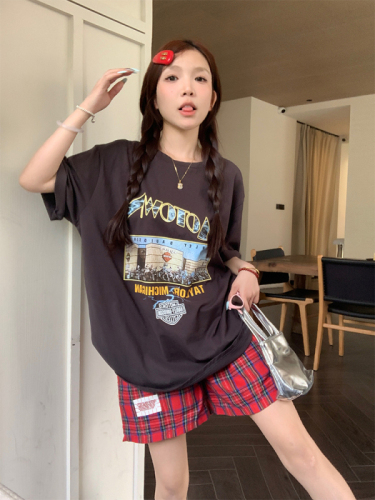 Real shot of American retro Korean chic summer handmade printed T-shirt