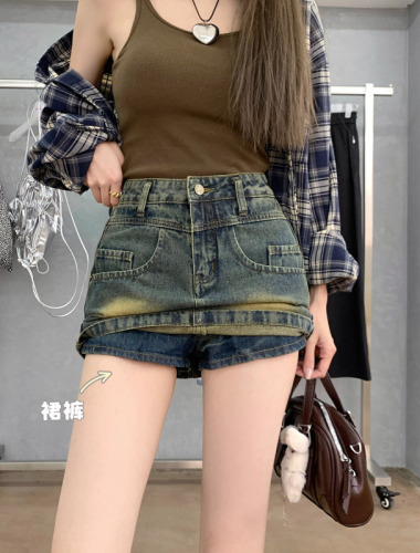 Real shot of new retro Hong Kong style hip-hugging high-waist denim skirt jeans skirt
