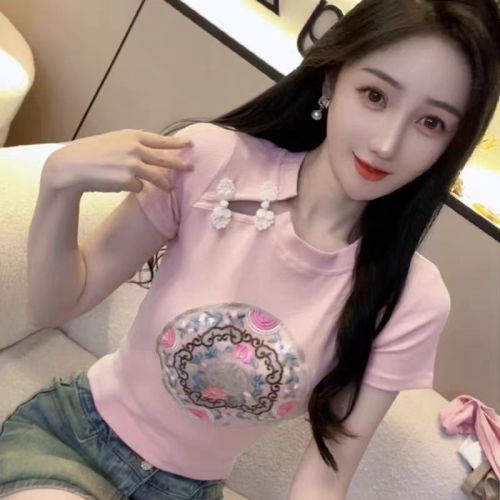 新中式国风旗袍刺绣短袖t恤女2024年夏季新款甜辣妹修身显瘦上衣