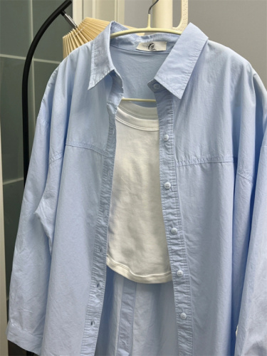 蓝色长袖衬衫外套女夏季春装设计感小众法式防晒衬衣女款早春上衣