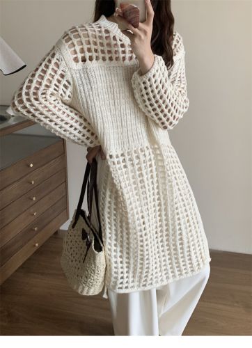 Beige French style hollow knitted dress mid-length layered air-conditioning blouse holiday skirt