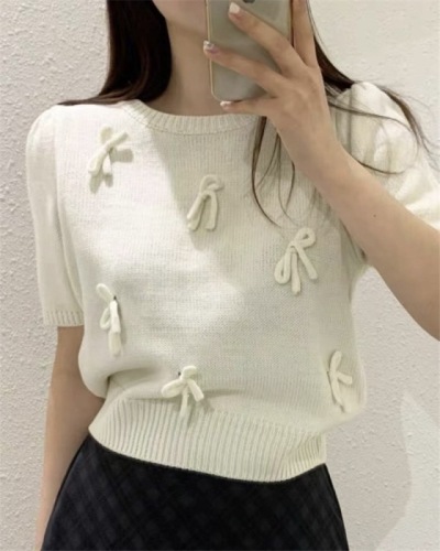 韩国ins夏季新款减龄系蝴蝶结设计圆领短袖针织上衣 女