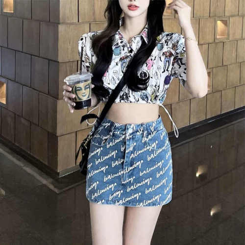 Hot girl high-waisted denim skirt women's summer new design niche letter print anti-exposure hip-covering short skirt