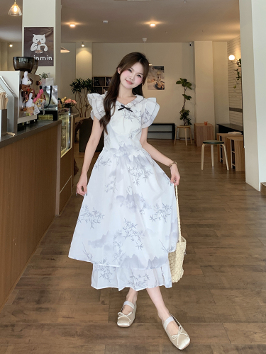 Actual shot of new Chinese style ladylike little flying sleeve dress with elegant temperament and bow slim long skirt