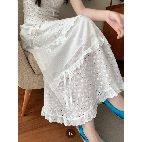Real shot of lace white skirt for women summer pure lust bow sweet cake mid-length skirt