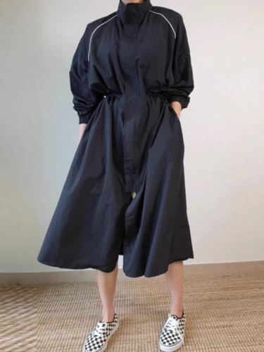 Retro stand-up collar mid-length slit waist windbreaker style dress for women in autumn