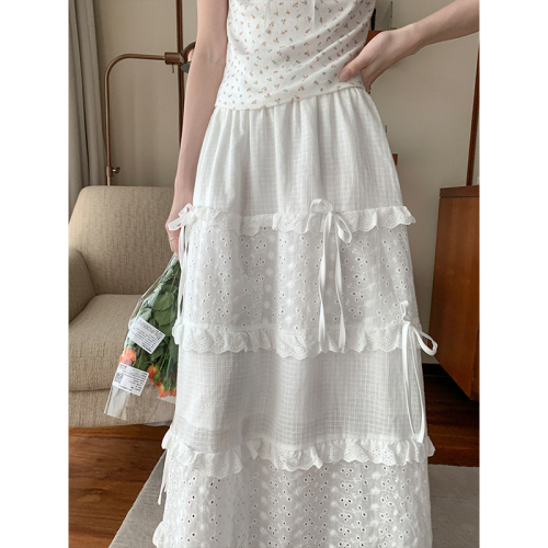 Real shot of white lace crochet cake skirt summer high-waisted A-line bow tie skirt mid-length skirt