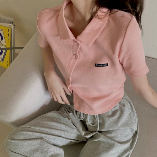 粉色翻领polo衫女夏短袖设计感小众上衣薄款针织衫