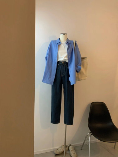 法式蓝色polo衬衫女春秋秋季衬衣设计感小众外搭长袖上衣外套
