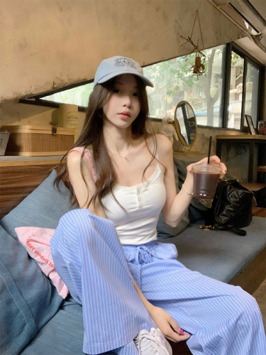 Real shot of Korean chic summer blue striped casual pants, wide leg pants + camisole top