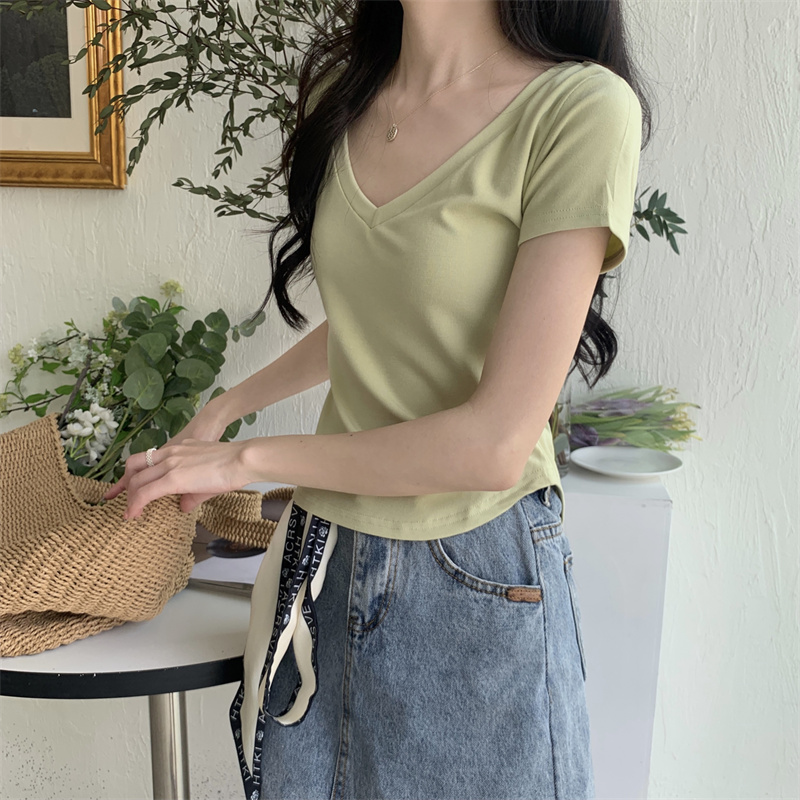 Real shot Summer new solid color V-neck short-sleeved T-shirt crop top for women