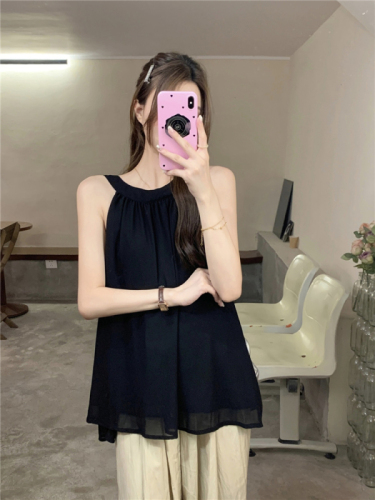 Real shot!  Resort style retro style pleated sleeveless vest Korean style solid color versatile slimming suspender top