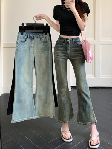 Real shot of retro nostalgic washed low-waist micro-flare denim nine-minute trousers for small people